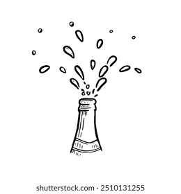 Champagne Bottle with Splashes, Hand-Drawn Vector, Graphic Style, Cartoon Illustration, Black and White, Sketch Style, Isolated on White Background