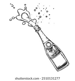 Champagne Bottle with Splashes, Hand-Drawn Vector, Graphic Style, Cartoon Illustration, Black and White, Sketch Style, Isolated on White Background