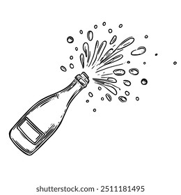 Botella de champán con salpicaduras, Vector dibujado a mano, estilo gráfico, ilustración de dibujos animados, blanco y negro, estilo de boceto, aislado sobre fondo blanco