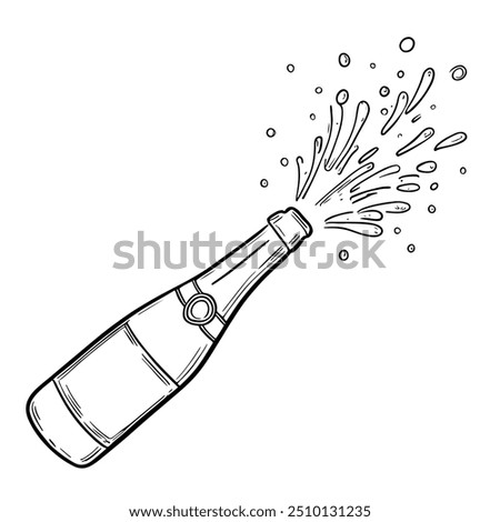 Champagne Bottle with Splashes, Hand-Drawn Vector, Graphic Style, Cartoon Illustration, Black and White, Sketch Style, Isolated on White Background