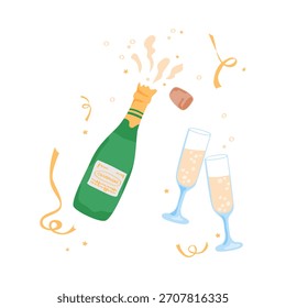 Botella de champán con salpicaduras y dos copas de alegría. Ilustración vectorial para fiestas de Nuevo año, diseños de bodas, invitaciones a eventos y tarjetas y Anuncios festivos.
