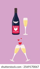 Champagne bottle with two clinking Champagne glasses and love or heart icon vector illustration.