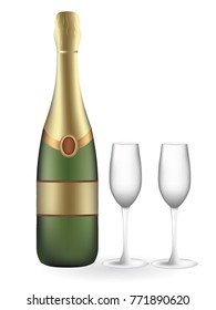 champagne bottle with two empty glasses, vector