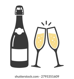 Champagne bottle and two flutes clinking for celebration with toast gesture clinking glasses white wine event decor glass design party drink