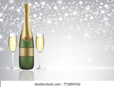 Champagne bottle with two full glasses on blurred background, vector