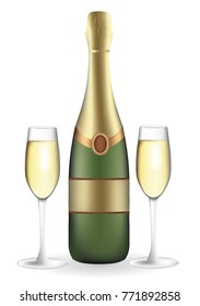 Champagne bottle with two full wineglasses, vector