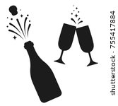 Champagne bottle and two glasses black silhouette icons. Simple minimal vector illustration.