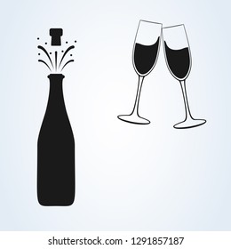 Champagne bottle and two glasses black silhouette icons. Simple minimal vector illustration.