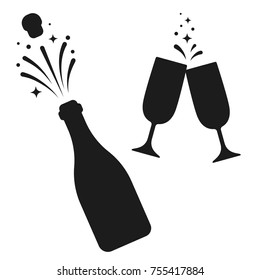 Champagne bottle and two glasses black silhouette icons. Simple minimal vector illustration.