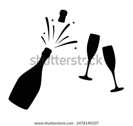 Champagne bottle and two glasses. Black silhouette of a champagne bottle. Vector illustration.