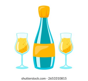  a champagne bottle and two glasses filled with bubbly yellow liquid, perfect for festive occasions and celebrations. Vector illustration