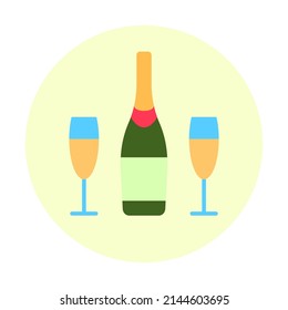 Champagne bottle and two glasses flat line circle icon isolated on white background. Beverage with cork for romantic party event celebration minimal design Abstract alcoholic drink vector illustration