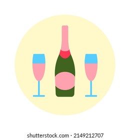 Champagne bottle and two glasses flat icon in circle isolated on white background. Pink beverage with cork for romantic or party event celebration design Abstract alcoholic drink vector illustration.