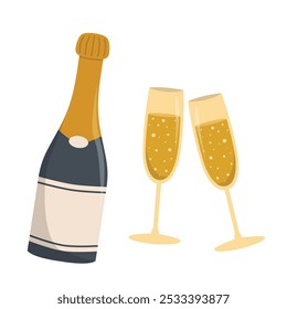 Champagne bottle and two glasses of champagne icon. new year party icon set illustration