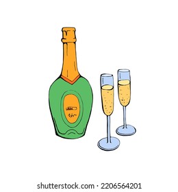 
Champagne bottle and two glasses isolated on white background. Flat vector elements for the design of fabrics, wallpapers, postcards
