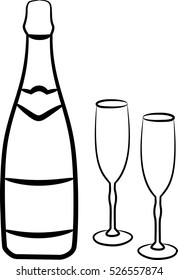 Champagne bottle with two glasses made of lines