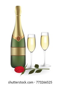 Champagne bottle with two glasses and rose, vector