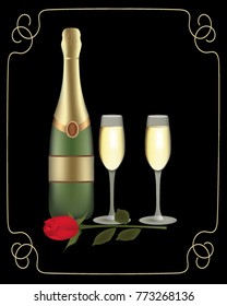 Champagne bottle with two glasses and rose on dark background with golden frame, vector