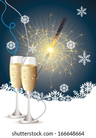 Champagne bottle, two glasses and sparkler on blue background with snowflakes.