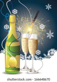 Champagne bottle, two glasses and sparkler on blue background with snowflakes.
