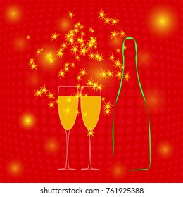 Champagne bottle, two glasses and sparkler on red background. Vector illustration