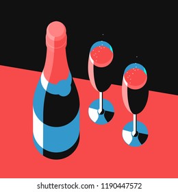 Champagne bottle and two glasses, top view. Vector illustration
