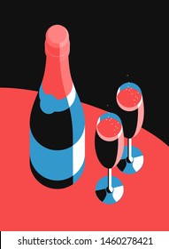 Champagne Bottle And Two Glasses, Top View. Vector Illustration