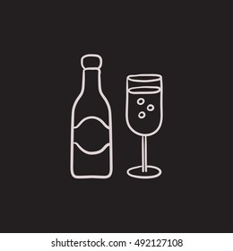 Champagne bottle and two glasses vector sketch icon isolated on background. Hand drawn Champagne bottle and two glasses icon. Champagne bottle and glasses sketch icon for infographic, website or app.