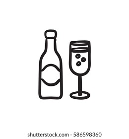 Champagne bottle and two glasses vector sketch icon isolated on background. Hand drawn Champagne bottle and two glasses icon. Champagne bottle and glasses sketch icon for infographic, website or app.