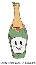 Champagne bottle uncorked with cute and smiling face in retro style.