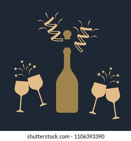 Champagne bottle vector explosion. Toast vector champagne glasses icon