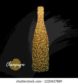 Champagne bottle vector icon. Golden sparkle champagne bottle on black background
