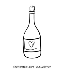 Champagne bottle vector icon. Valentine's Day. Bottle heart. Illustration in doodle style.