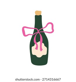 Champagne bottle vector illustration. Dark green glass wine bottle with pink ribbon bow isolated on white background. Festive alcoholic drink for Christmas celebration, wedding, Birthday party