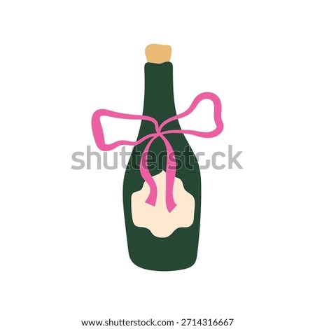 Champagne bottle vector illustration. Dark green glass wine bottle with pink ribbon bow isolated on white background. Festive alcoholic drink for Christmas celebration, wedding, Birthday party