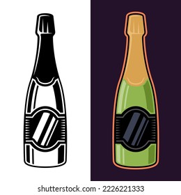 Champagne bottle vector objects in two styles black on white and colorful on dark background