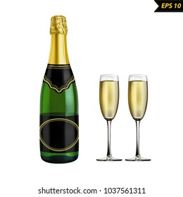 Champagne bottle in vector on white background.Champagne glass in vector on white background.