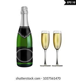 Champagne bottle in vector on white background.Champagne glass in vector on white background.