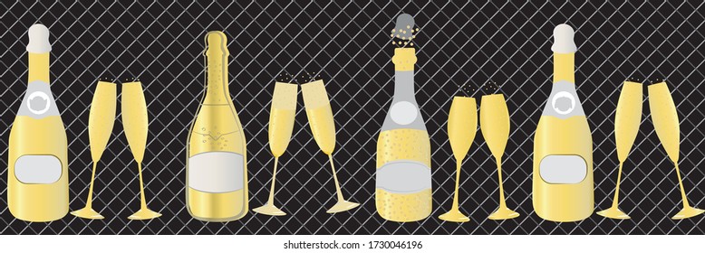 Champagne bottle vector seamless border. Hand drawn bubbles, glasses, fizzy drink black gold banner. Elegant sparkling wine repeat illustration. Edging, ribbon for party, festive celebration concept