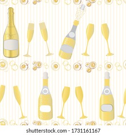 Champagne bottle vector seamless pattern background. Hand drawn bubbles, glasses geometric white gold striped backdrop. Elegant sparkling wine repeat illustration. All over print for party celebration