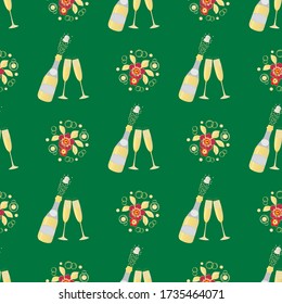 Champagne bottle vector seamless pattern background. Groups of hand drawn bubbles, glasses, fizzy drink gold green backdrop. Festive sparkling wine design. All over print for party celebration concept