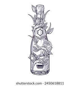 Champagne bottle vintage element monochrome with wild prickly flower decorating low-alcohol drink for wedding party vector illustration