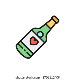 Champagne bottle, wedding drink flat color line icon.