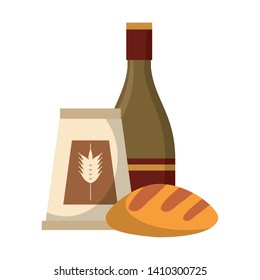 Champagne bottle and wheat flour with bread vector illustration graphic design