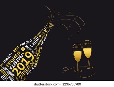 champagne bottle with white and golden  german text "frohes neues jahr, guten rutsch" means happy new year