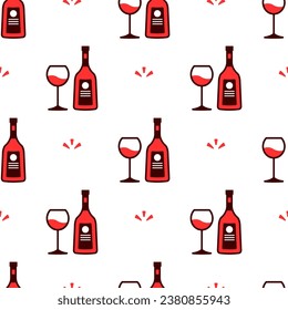Champagne bottle and Wine Glass seamless pattern on white background.