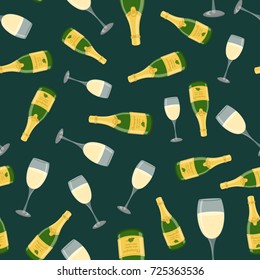 Champagne bottle, wine glass seamless pattern. Made in cartoon flat style. Vector illustration