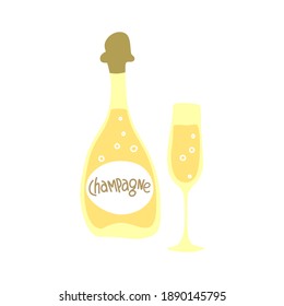 Champagne Bottle And Wineglass On White Background. Cartoon Sketch Graphic Design. Doodle Style. Hand Drawn Image. Party Drinks Concept. Freehand Drawing Style. Vector.
