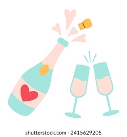Champagne Bottle and Wineglasses flat style. Retro. Cartoon Vector Illustration. Perfect For Poster, Card, Invitation, Tshirt Print, Playroom Wall Hanging Or Valentines Day Greeting Card.