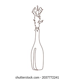 champagne bottles with cork shooting. One line drawing of an isolated vector object .